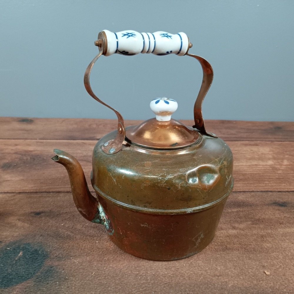 Vintage Copper Kettle Set Blue White Ceramic Handle Kitchen Decor - Picture 2 of 5